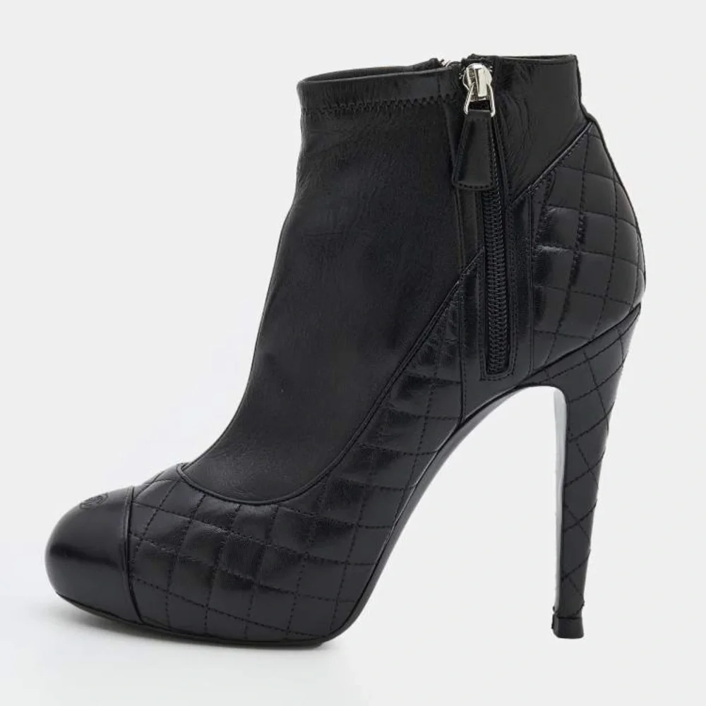 Chanel Chanel Black Quilted Leather CC Cap Toe Platform Ankle Length Boots